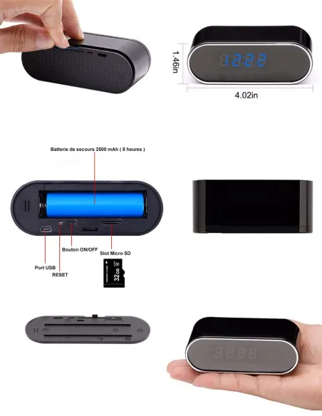 Horloge camera espion wifi HD vision nocturne - interieur