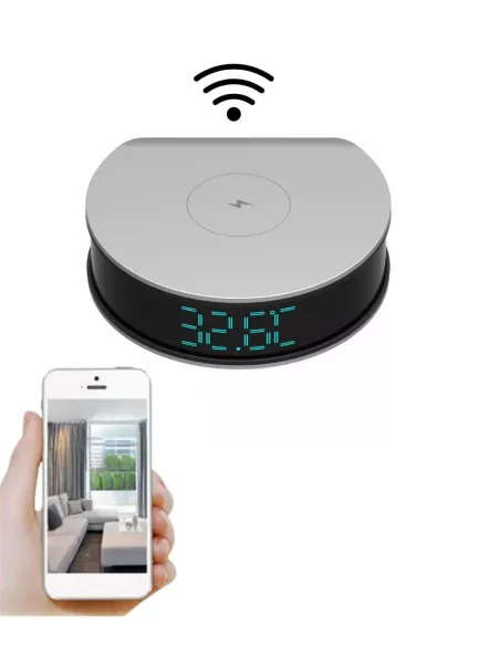 Caméra espion Wifi intégrée dans Réveil / Chargeur à induction